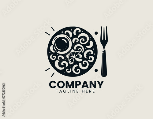 Fried calamari rings with lemon and sauce minimalist black vector logo illustration
