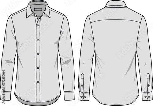 Men’s long sleeve button-up shirt, classic pointed collar design, formal business wear, garment technical drawing, fashion flat sketch, apparel sewing pattern illustration
