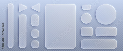 Liquid glass ui design elements set isolated on transparent background. Vector realistic illustration of rectangle, round, triangle shape windows and buttons, computer app interface, game icons