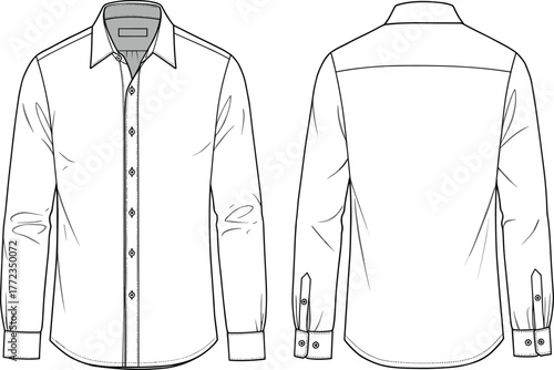 Men’s long sleeve button-up shirt, classic collar design, formal business wear, garment technical drawing, fashion flat sketch, apparel sewing pattern illustration