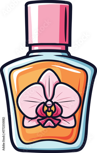 Pink Perfume Bottle With Orchid Flower Design Inside Amber Liquid And Pink Cap Detailed Illustration