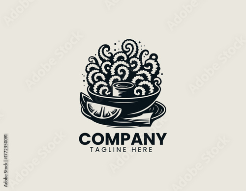 Fried calamari rings with lemon and sauce minimalist black vector logo illustration