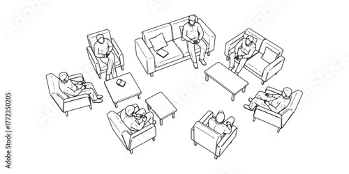 CAD Drawings. Top view of people sitting casually on chairs and sofas isolated on white background. Vector illustration.