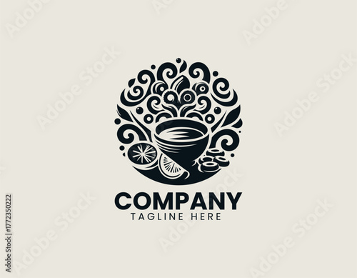 Fried calamari rings with lemon and sauce minimalist black vector logo illustration