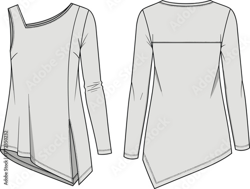 Women’s asymmetrical top, one sleeve blouse, unique neckline design, side zipper detail, garment technical drawing, fashion flat sketch, apparel sewing pattern illustration