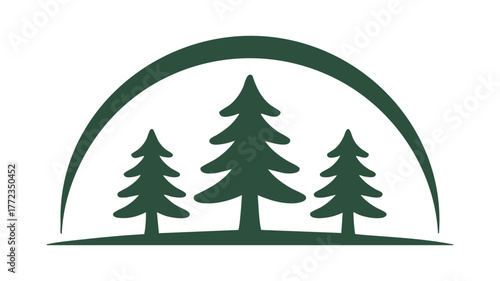 Nature inspired logo featuring three evergreen trees under an arch