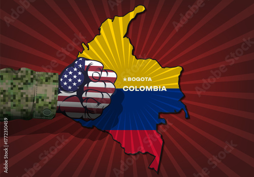 Vector political banner. Military powerful clenched male fist in colors of national flag of United States of America hangs over map of Republic of Colombia. Hit