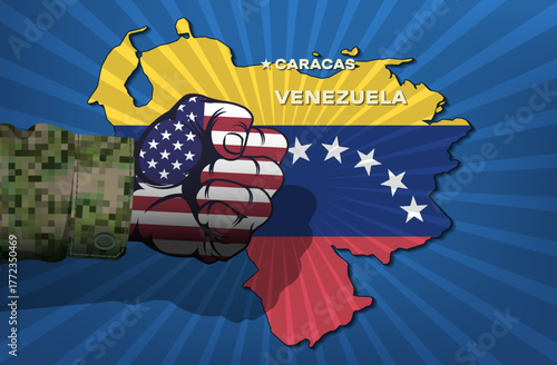 Vector political banner. Military powerful clenched male fist in colors of national flag of United States of America hangs over map of Bolivarian Republic of Venezuela. Hit