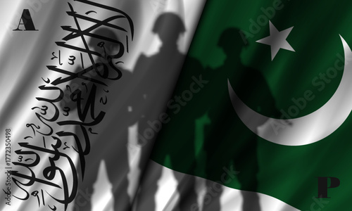 Vector wavy national flags of Islamic Emirate of Afghanistan and Islamic Republic of Pakistan. Afghan and Pakistani military banner. Shadows of soldiers. Conflict