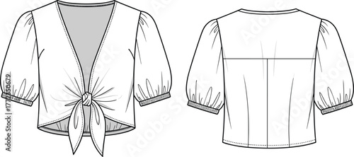 Women’s blouse fashion flat, puff sleeve top, deep V-neckline, front tie detail, garment technical drawing, apparel design illustration, sewing pattern