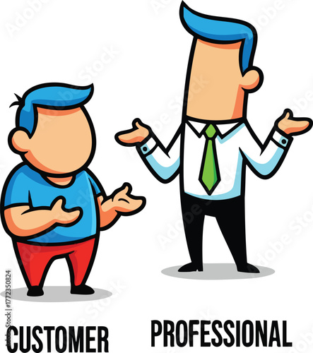 Two Cartoon Characters Representing Customer And Professional With Shrugging Gestures In A Simple White Background