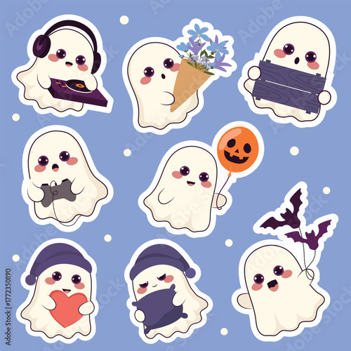 Cute ghost sticker set with Halloween theme with any activity and costumes collection