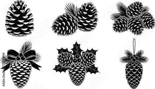Decorative pinecone illustrations, holiday ornament designs, black and white nature art, festive pine elements, on