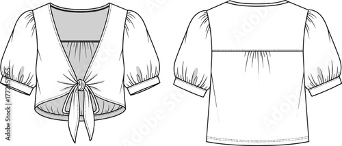 Women’s cropped blouse flat sketch, fashion technical drawing, puff sleeve top design, tie front blouse illustration, garment construction template, apparel vector