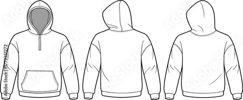 Men’s pullover hoodie flat sketch, half zip sweatshirt vector template, hooded jumper fashion design, technical drawing apparel mockup