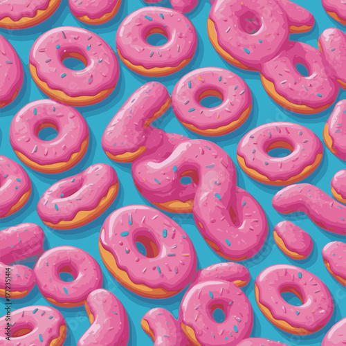 A vibrant and cheerful pattern featuring numerous pink frosted donuts with colorful sprinkles, artfully arranged against a bright blue background, creating a delightful and appetizing visual