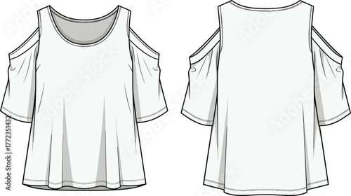 Women’s cold shoulder top, scoop neckline blouse, short sleeve cut-out design, loose fit garment, fashion flat sketch, apparel technical drawing, sewing pattern