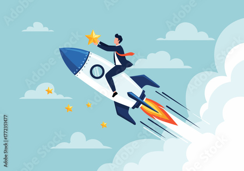 Successful business person riding a rocket into the sky, reaching for a star, symbolizing growth and achievement in a dynamic business world