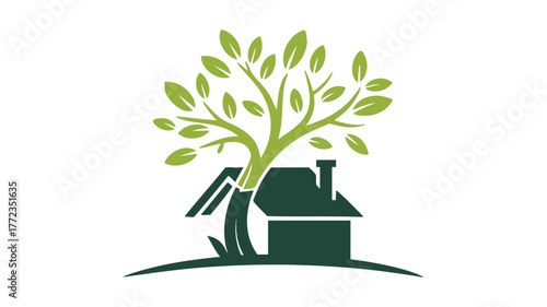 Green tree growing out of a house roof symbol for eco-friendly real estate and sustainable living