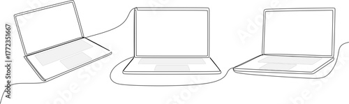 Continuous line drawing. Laptops mockup with blank screen. Vector illustration.