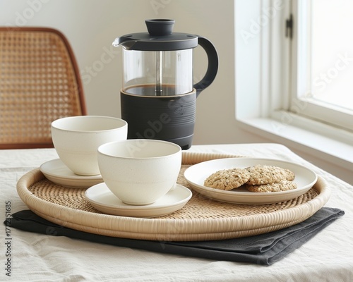 Serene brunch coffee setting featuring french press, white cups, oat cookies, and minimalist decor