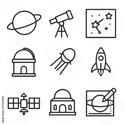 Simple astronomy icons featuring planets, telescope, and rocket
