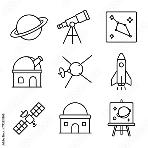 Space exploration icons set: telescope, rocket, observatory, satellite, planet