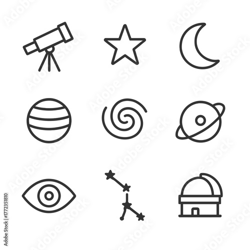Minimalist astronomy icons: telescope, star, moon, eye, constellation, observatory