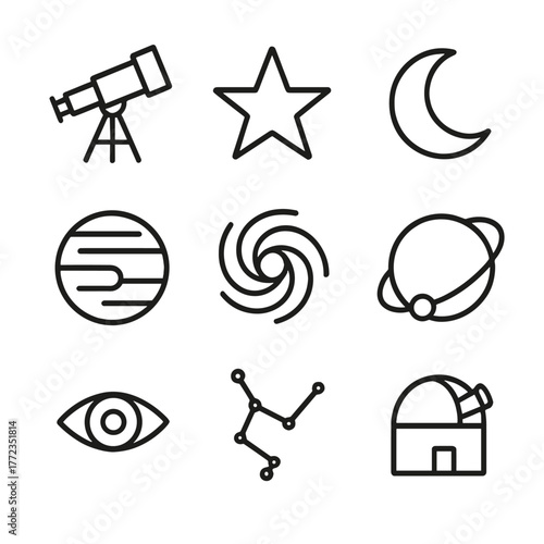 Astronomy icons: telescope, star, moon, planet, galaxy, constellation, observatory