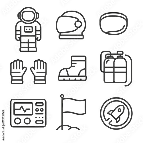 Space icons set: astronaut, helmet, rocket, flag, glove, boot, mask, oxygen