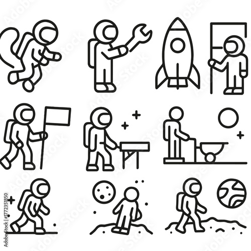 Minimalist astronaut icons: space exploration and adventure outlined graphics