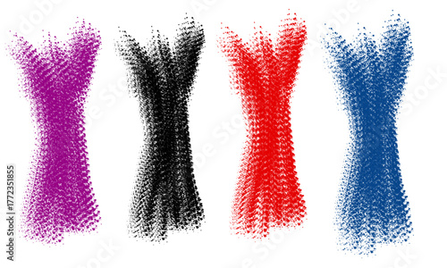 Abstract Textured Hourglass Shapes Vector Set with Diagonal and Dot Patterns in Purple, Black, Red, and Blue