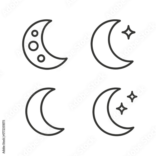 Minimalist moon icons set on dark background with nighttime stars