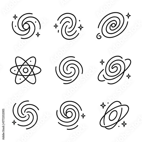 Minimalistic cosmic icons collection: spirals, atoms, and galaxies on gray background