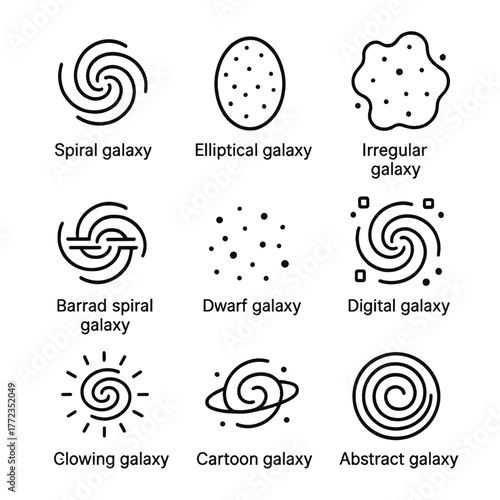 Nine different galaxy icon set featuring unique cosmic designs in black and white