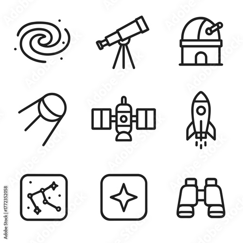 Space exploration icons set: telescope, rocket, observatory, satellite