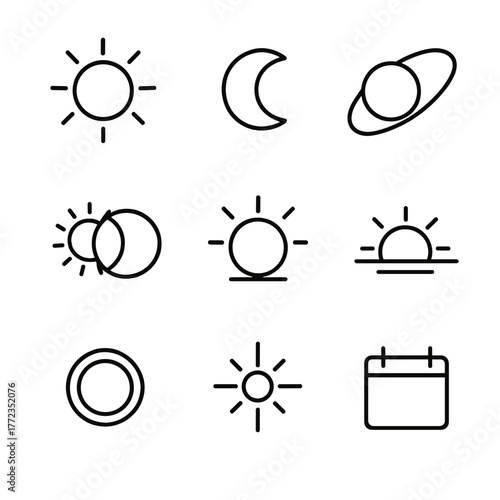 Minimalist celestial icons collection: sun, moon, eclipse, planet, calendar