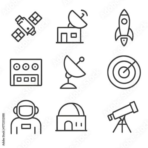 Space exploration icons: satellite, rocket, astronaut, telescope, observatory