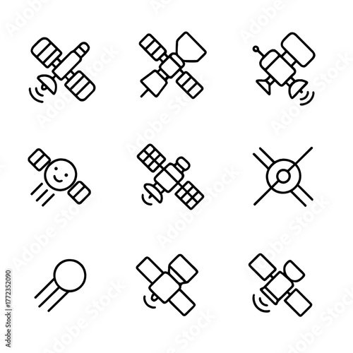 Set of nine satellite icons on grid with dark background