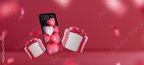 Romantic phone mockup with valentine hearts and gift boxes floating for love day 3d presentation. White presents wrapped by pink ribbons near smartphone display. Digital celebration concept design.