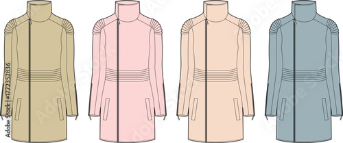 Fashion design illustration of women's long sleeve coats in various color options, showcasing contemporary outerwear with belts and zippers for apparel product development