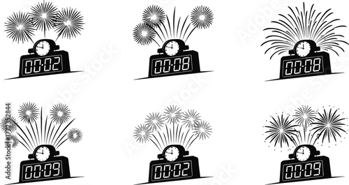 Digital clocks, fireworks, countdown celebration, New Year concept, midnight moments, festive explosion, graphic design, black and white, time display, celebration art