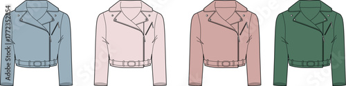 Fashion technical drawing of a cropped biker jacket with multiple color variations. Vector illustration set for apparel design and clothing mockups