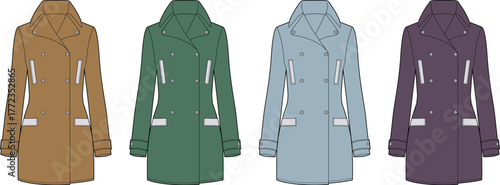 Stylish women's double-breasted trench coats fashion illustration in a variety of seasonal colors, showcasing modern apparel design and autumn winter wardrobe essentials for diverse personal styles