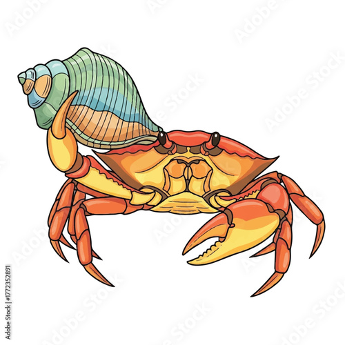 PrintCute cartoon crab clutching a seashell, outlined smoothly in bright coastal colors.