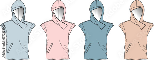 Set of technical fashion illustrations showing a sleeveless hooded top concept. Vector drawing of a hoodie vest template in various colorways for apparel design