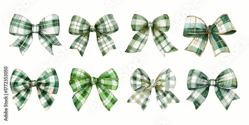 Set of vintage Christmas bows. Green bows in retro checkered pattern and with gold trim. Retro Christmas decor elements and decorations. Aesthetic Christmas bows on isolated background.