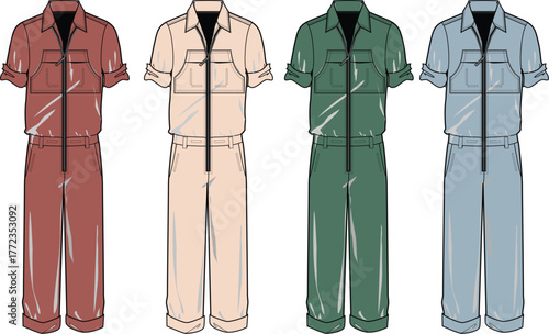 Vector set of fashion technical flat sketches showing a utility boiler suit in four different pastel colorways for apparel design and clothing concepts