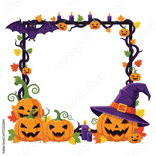 Spooky Halloween frame bursts with grinning pumpkins, a playful bat, witch hat, and flickering candles for festive invitations and decorations