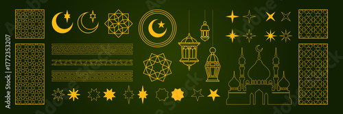 Islamic Ramadan ornament set with golden arch elements, crescent moon and stars symbols, geometric patterns and mosque, lanterns and for celebration. Traditional arabesque border with intricate design
